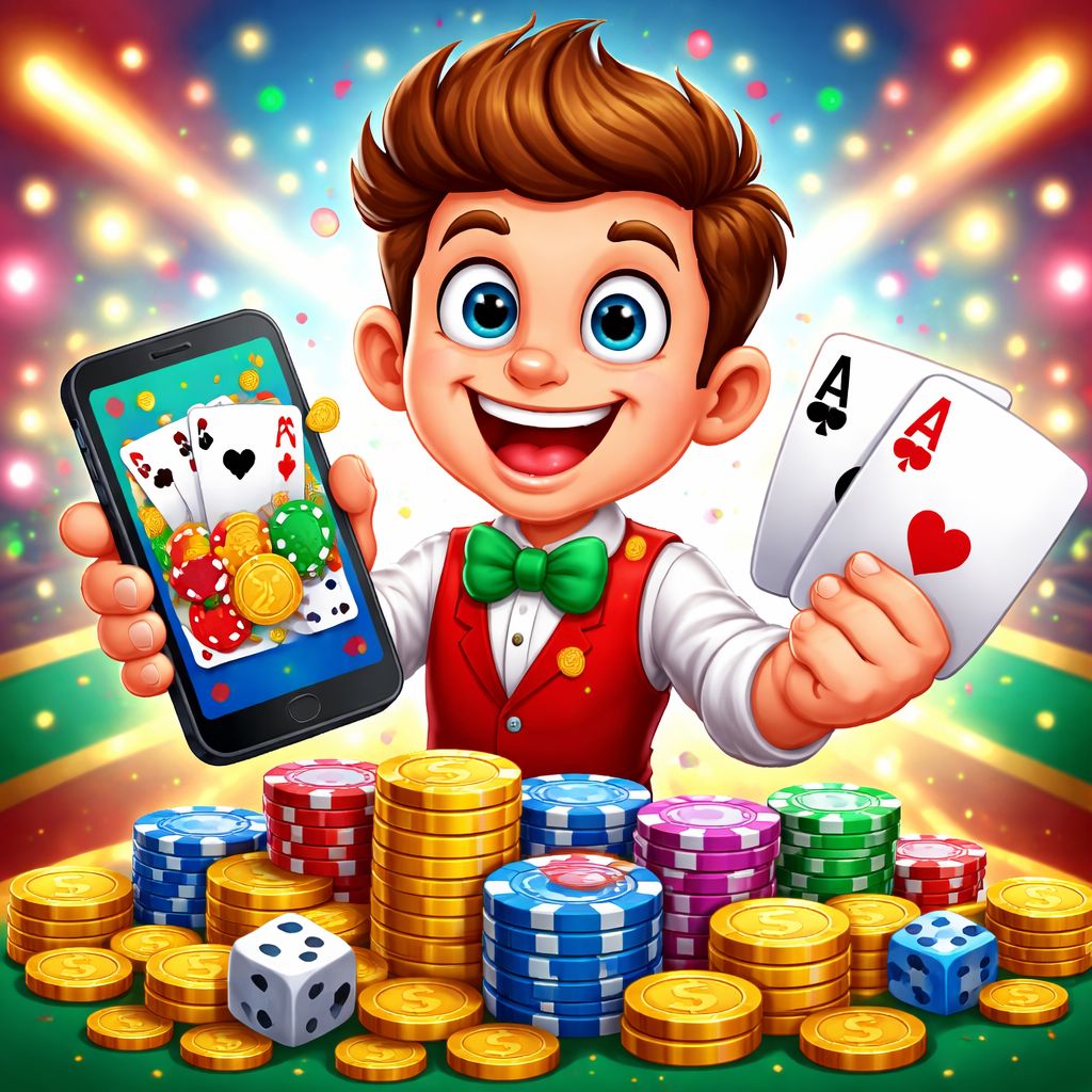 BK555 themed cartoon casino characters with chips, cards, and coins