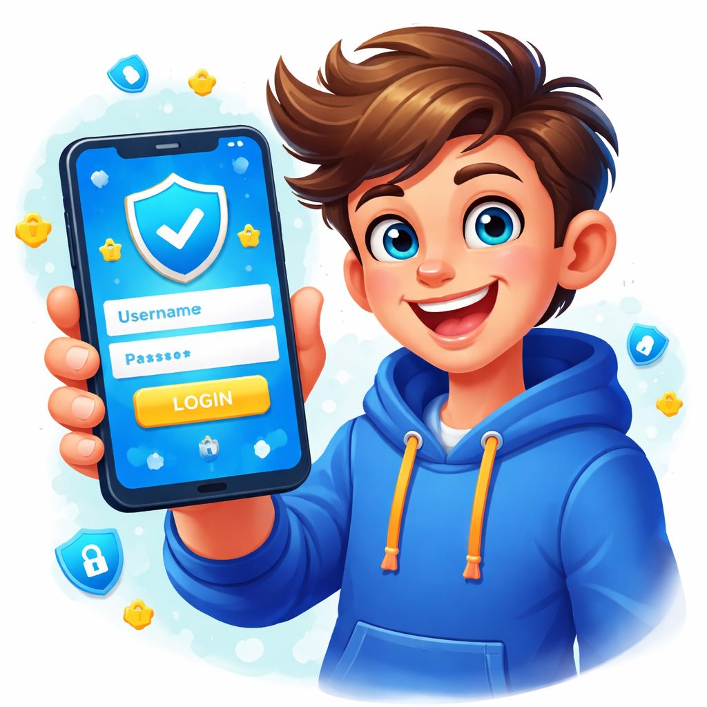 BK555 themed cartoon character using a mobile login screen with secure icons
